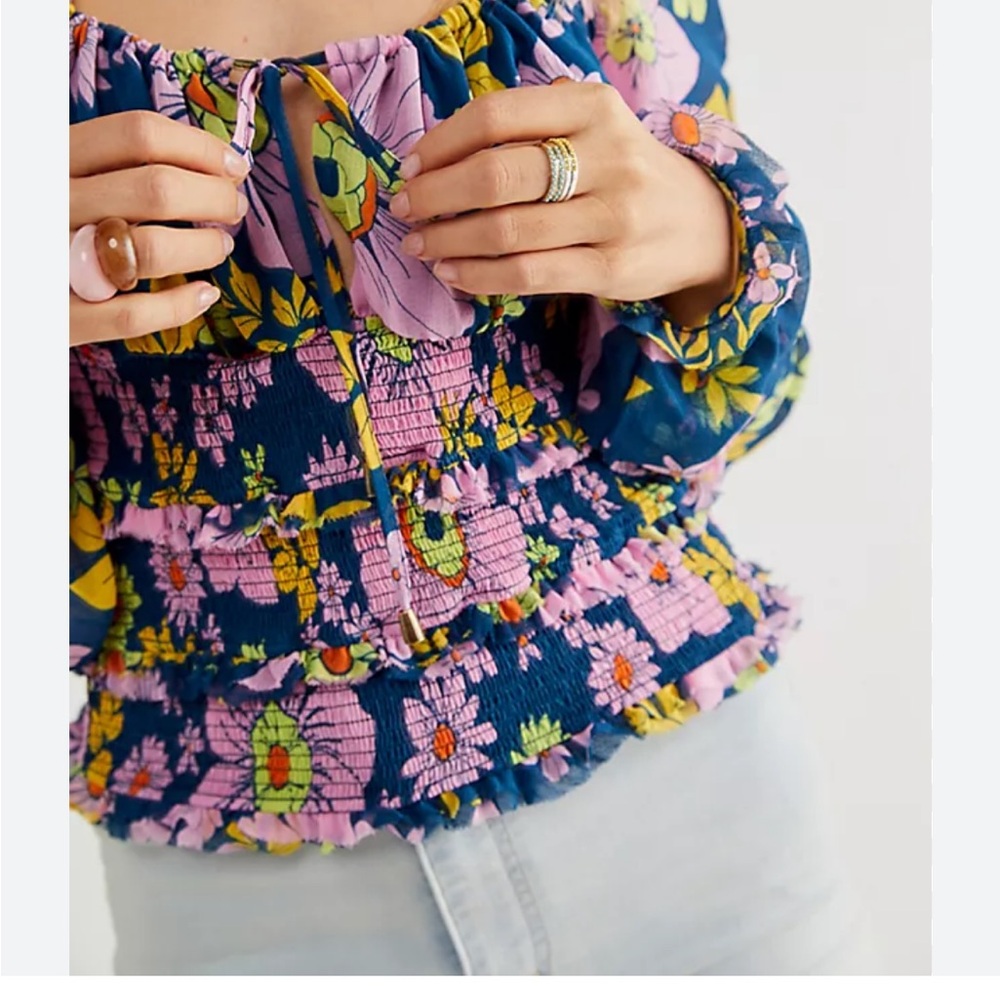 Free People Pink and Yellow Smocked Ruffled Blouse